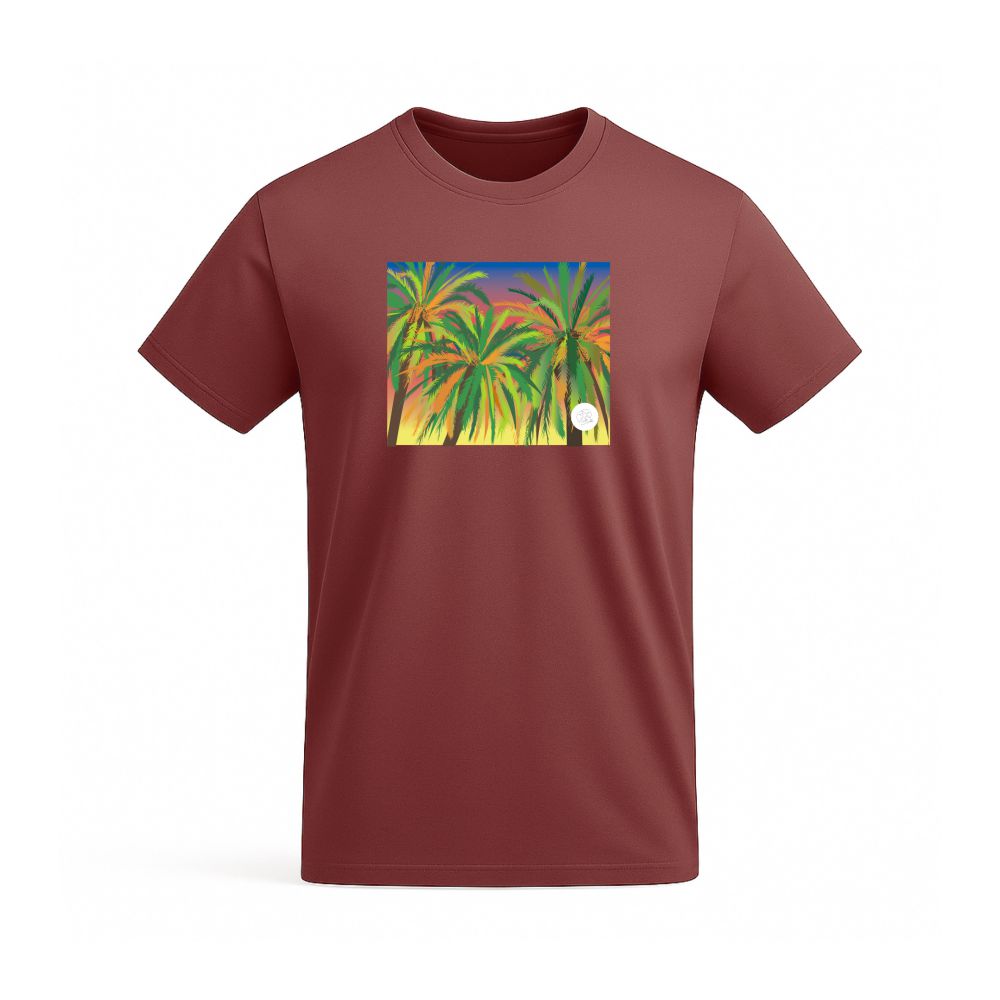 camiseta roja estampado palmeras canarias atardecer algodón orgánico saradibujando