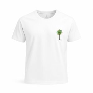 Camiseta unisex blanca, diseño "Palmera Canaria bolsillo" algodón orgánico