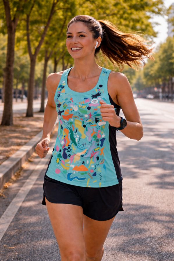 camiseta-deportiva-sin-mangas-mujer-equilibrio-en-movimiento Camiseta running mujer Equilibrio en movimiento durante entrenamiento al aire libre, prenda ligera, transpirable y de secado rápido.