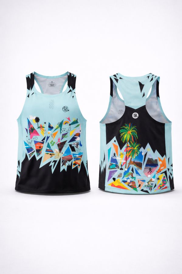 camiseta-tecnica-sin-mangas-unisex-reflejos-3d-frontal-trasera Vista 3D frontal y trasera de camiseta técnica sin mangas unisex Reflejos en tejido reciclado antibacteriano.