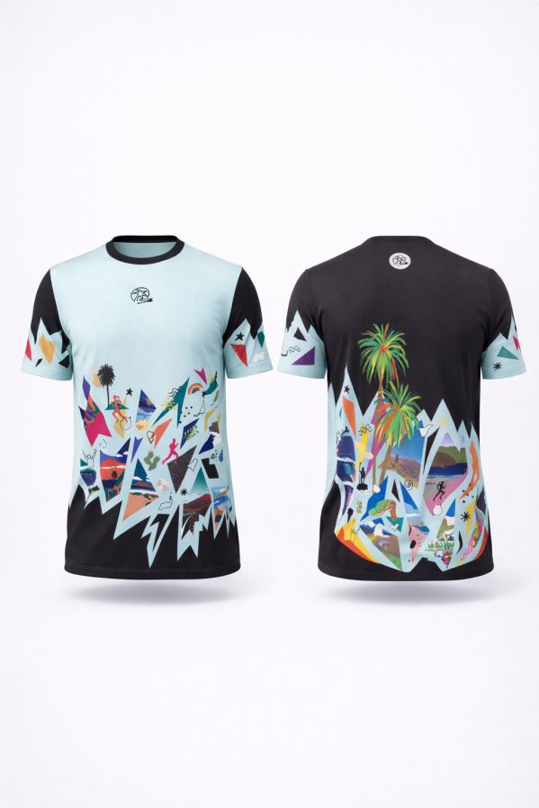 camiseta-tecnica-unisex-reflejos-3d-frontal-trasera Vista frontal y trasera camiseta técnica unisex Reflejos en tejido reciclado