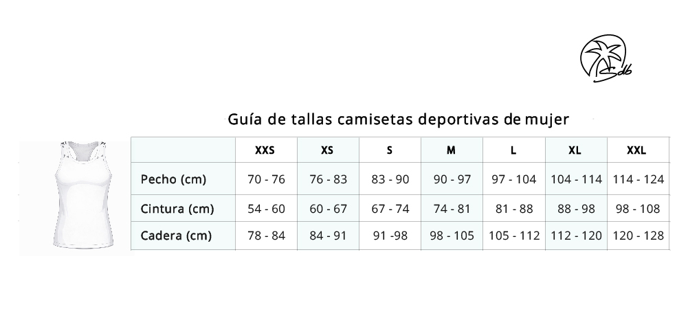 Guía de tallas camiseta deportiva umujer Saradibujando con medidas de pecho, cintura y cadera.