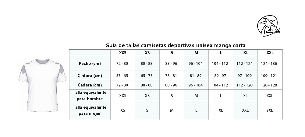 Guía de tallas camiseta deportiva unisex mangas corta Saradibujando con medidas de pecho, cintura y cadera.