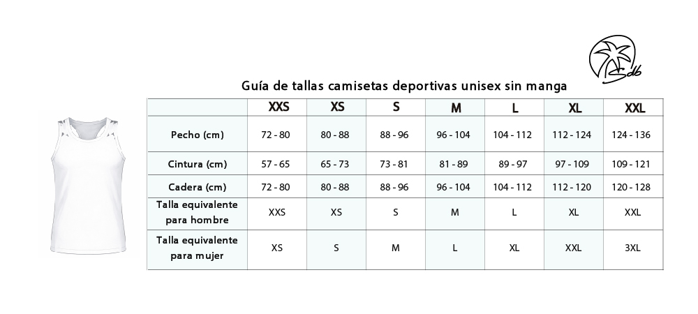 Guía de tallas camiseta deportiva unisex sin mangas Saradibujando con medidas de pecho, cintura y cadera.
