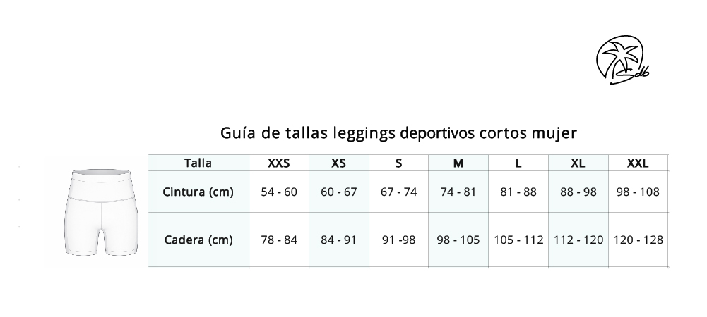 Guía de tallas de leggings deportivos cortos mujer saradibujando con medidas de cintura y cadera