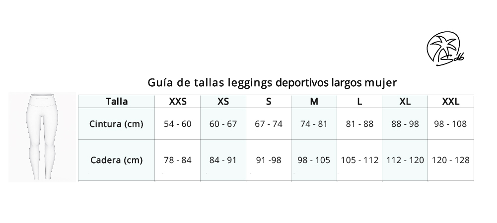 Guía de tallas de leggings deportivos largos mujer saradibujando con medidas de cintura y cadera
