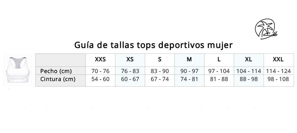 Guía de tallas de tops deportivos mujer saradibujando con medidas de pecho y cintura