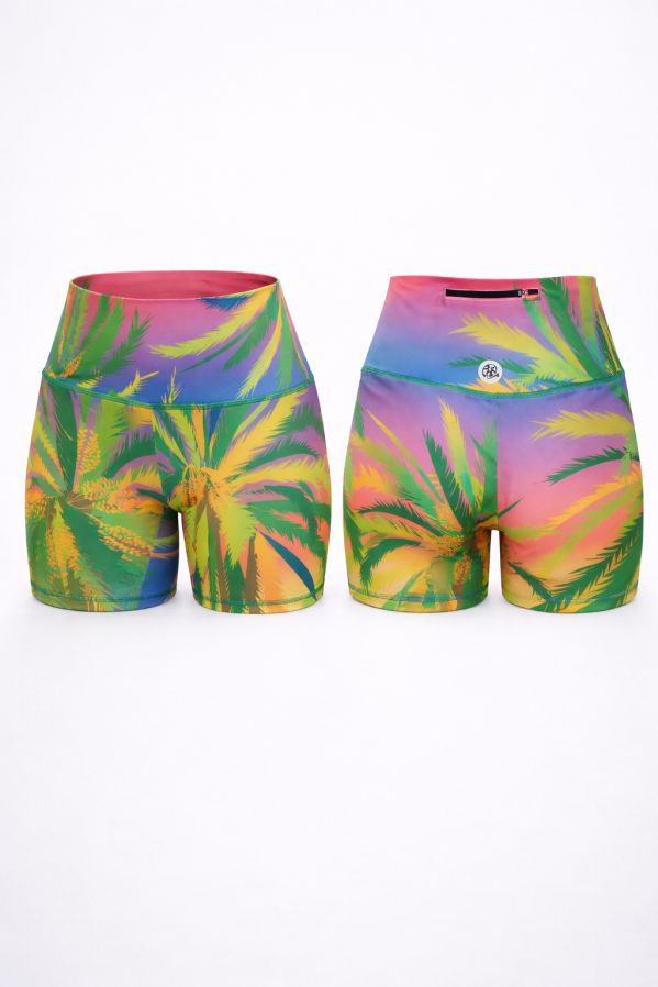 leggings-cortos-mujer-palmeras-3d-frontal-trasera Vista delantera y trasera de leggings deportivos cortos de mujer diseño Palmeras