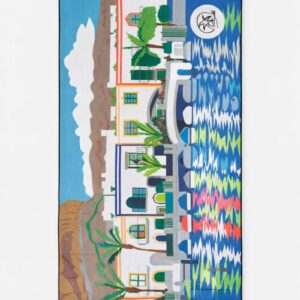 toalla waffle reciclada Puerto de Mogán Saradibujando con ilustración completa de casas canarias, palmeras y reflejo del mar