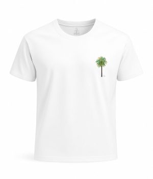 camiseta palmera canaria blanca bolsillo algodón orgánico saradibujando