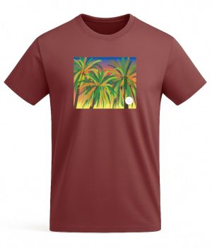camiseta roja estampado palmeras canarias atardecer algodón orgánico saradibujando