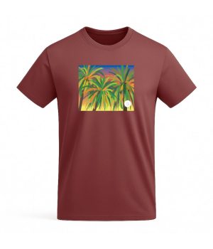 camiseta roja estampado palmeras canarias atardecer algodón orgánico saradibujando