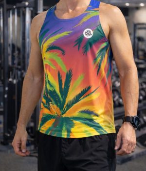 Camiseta técnica sin mangas unisex diseño Palmeras en tejido reciclado antibacteriano